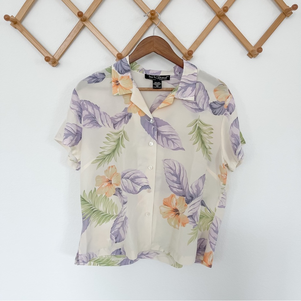 Vintage 100% Silk Tori Richard Sheer Pastel Tropical Floral Button Down Blouse